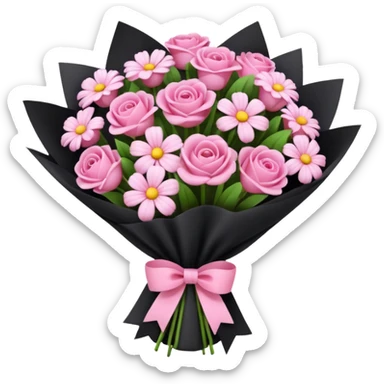 Create a baby pink and dark pink flowers bouquet with black wrap paper and with white bow sticker