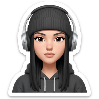 White curvy female with long straight black hair wearing a beanie and hoodie and nose piercings listening to music sticker