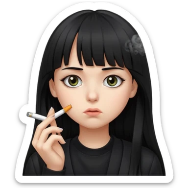 teen girl with long black hair and straight bangs, big eyes looking tired, not smiling, all black clothes, smoking cigarette sticker