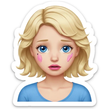 Girl Blonde short wavy hair,  blue eyes, cute blue top, long lashes, pink lips,crying with big tears running down the face  sticker