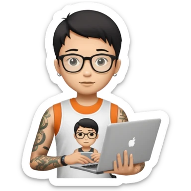 A young boy with A macbook laptop, black straight short hair, wearing glasses, wearing a tanktop, has tattoos, he is asian, no earrings, he's holding a laptop

Add the letters "P I F" floating around sticker