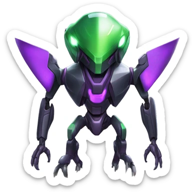 a shiny black-green-purple Genesect-Raptor-Fakémon-Medabot-hybrid with a futuristic visor-helmet full body sticker