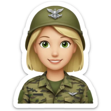 Apple-style emoji: female soldier, bust, no cap/helmet, friendly smile, generic camo top, blonde hair sticker
