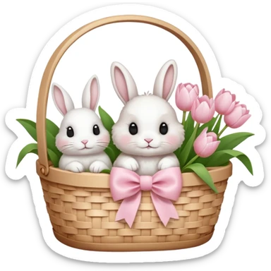 A white Picnic basket with light pink bow, white peonie, tulips and a white rabbit inside sticker