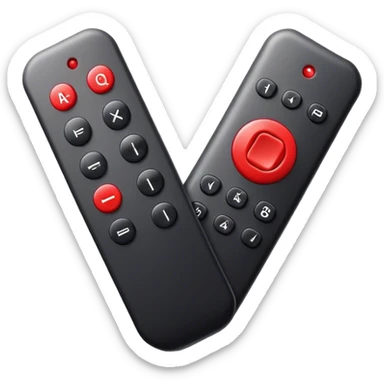 One big black tv remote control with red border, frontal face in  2 dimensions. The remote control have to have 4 buttons in black and one big one big red play button in the middle sticker