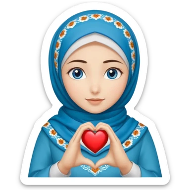 Turkish beautiful finish Konya girl blue eyes with autumn design hijab islamic dress and making heart with hands and with thank you text sticker