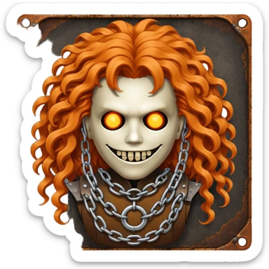 steam-punk Megadeth - iconic mascot  made of rusty metal with chains on its teeth, huge curly orange hair sticker