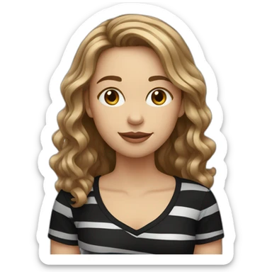 woman with long wavy light brown hair wearing black stripy t-shirt sticker