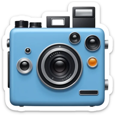 A hand-drawn doodle in a minimalist, cartoon style of a [vintage camera]. The object is white with thick, rough, black marker outlines and two small black dot eyes. It is a simple sketch with no realistic textures, centered on a solid [blue] circular background." sticker