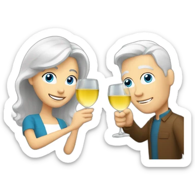 a white man with blue eyes and grey hair toasting with a white woman with brown eyes and blond hair toasting together with a white wine sticker