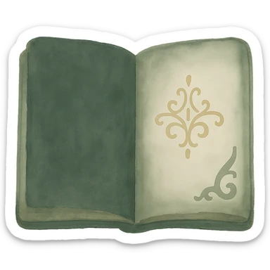 Change the cover of this open antique book to a dark green color, maintaining the dreamy painterly watercolor style with visible brushstrokes, on a transparent background. sticker