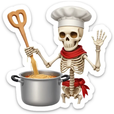 Papyrus from Undertale cooking spaghetti, tall skeleton with red scarf and white armor, enthusiastically stirring pasta in a pot, chef hat sticker