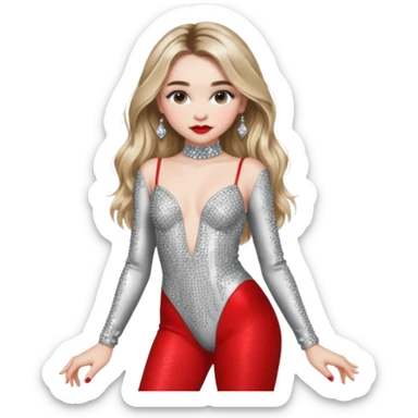 Sabrina carpenter in silver rhinestone bodysuit with red lips all over it, full body  sticker