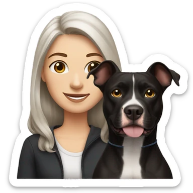 white woman with long brown hair and cat shaped eyes standing alongside a happy black pitbull  sticker