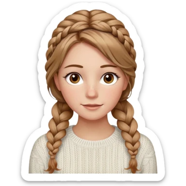 light brown hair blonde hair hazel eyes woman with a white cable knit sweater thatand one braid down her back  with tendrils of hair flowing down her face and she is happy pale, some freckles, blush. she has a cateye wing and long lashes she has eyeliner sticker
