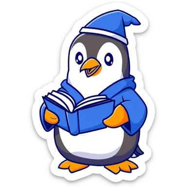 penguin wizard with blue robe and magic book sticker