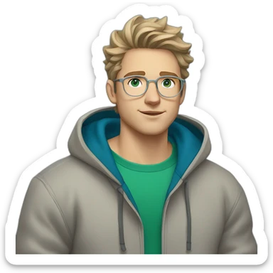 young white guy with wavy hair and a fade in light brown color and round silver color glasses with a grey hoodie on and blue green eyes sticker