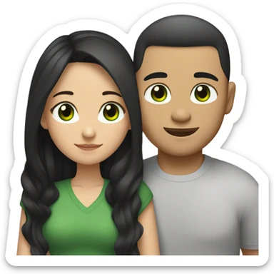 Light skin vietnamese man with straight black undercut hair and a white brunette woman with green eyes and long wavy hair tightly hugging each other  sticker