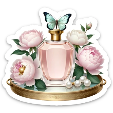 A dreamy still life of a vintage perfume bottle collection with golden embellishments, set on an antique silver tray, surrounded by lush white peonies and soft pink roses, with an iridescent pearl butterfly perched on a golden stopper.
 sticker