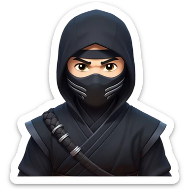 clash-of-clans-aesthetic_-cinematic-mysterious-male-ninja-portrait-emoji, rendered in a flat, vector-style with minimal shading and bold, simplified shapes, with a head slightly turned revealing intense, focused eyes, perched crouched next to an agile trained panther with glossy fur moving silently through shadowed urban rooftops and moonlit alleyways. sticker