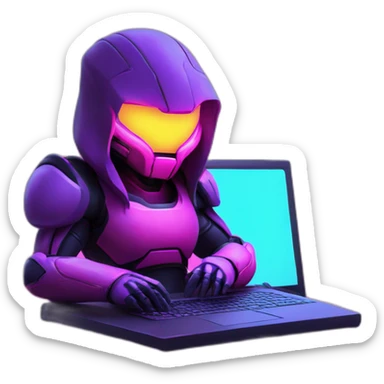 Girl developer behind his laptop with this style : Nintendo Samus Video game neon glowing bright purple character pink black hooded hacker themed character sticker