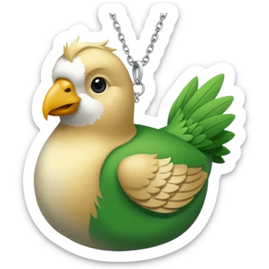 un oiseau classique de profil tout vert avec un collier autour de son cou avec des breloque argentées et un seul poil blond qui fait une petite bouclette sur le front le collier est autour du coup de l’oiseau entre la tête et le corps sticker