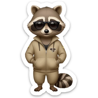 friendly anthropomorphised raccoon in a Sopranos-style mafia tracksuit, wearing dark sunglasses, relaxed pose sticker