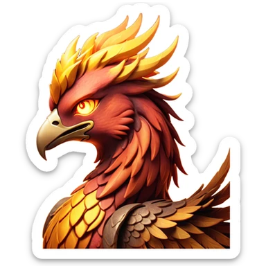 Cinematic Battle-Hardened Mystical Fire Phoenix Portrait Emoji, head bowed slightly in a moment of raw resilience, revealing a form etched with the wear of relentless conflict. Ragged, scorched plumage and half-closed, determined eyes speak to battles fought and won. Rendered with authentic detail and dramatic natural light that accentuates every scar and burn, high shine, this portrayal blends vulnerability with hardened strength, outlined in a soft glow that captures the essence of a phoenix tempered by the fires of combat. sticker
