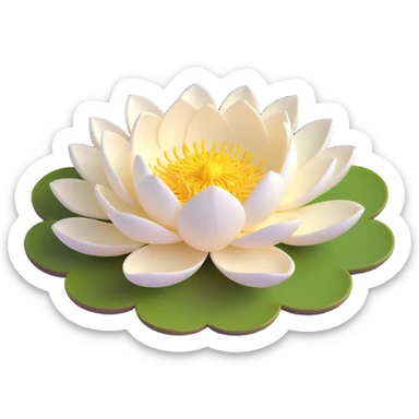 Realistic white lotus flower with detailed layered cream-white petals and bright yellow stamens, floating on accurate lotus pad with characteristic notch and bowl shape sticker