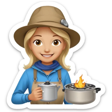 A woman camper boiling water on a portable stove, enjoying the outdoor sticker