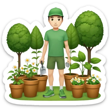 rapaz magro cabelo escuro com boné verde claro, camiseta verde e bermuda verde escuro, corpo inteiro cuidando do jardim sticker