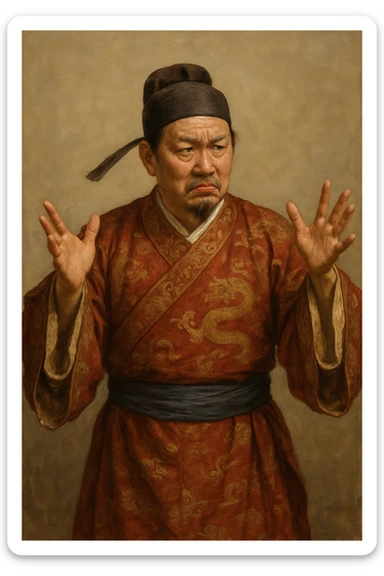 Сгенерируй азиата в национальном средневековым китайском костюме, он чуть недоволен и размахивает руками, в стиле реалистичной живописи. ОН ПОЛНОСТЬЮ ПОМЕЩАЕТСЯ НА ИЗОБРАЖЕНИЯ И НЕ ОБРЕЗАЕТСЯ ЕГО КРАЯМИ. На однородном фоне sticker