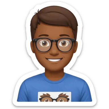 a man in his early 20s wearing glasses for a tech company, his job is marketer, extroverted, brown hair sticker