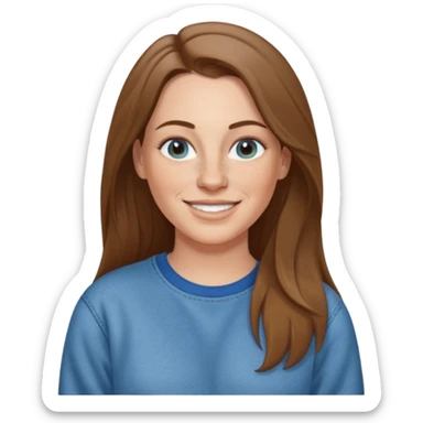 A 38 year old white woman with long brunette hair parted in the middle. She has a nose ring. She has freckles and is wearing a sweatshirt and jeans smiling sticker