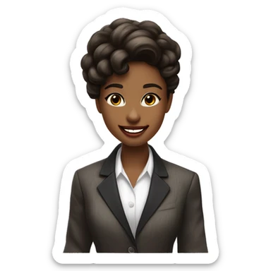 Una chica joven trigueña, con labios definidos y una ligera sonrisa sin mostrar los dientes. Su cabello marrón oscuro está recogido en un moño bajo. Lleva un blazer blanco, elegante y de diseñador, y sostiene una paleta de colores en una mano.  sticker