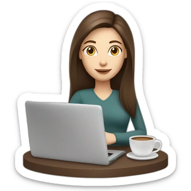 woman with long straight brown hair and pale skin holding a coffee mug on top of a laptop screen sticker