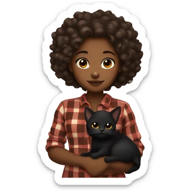 a brown skin girl with curly hair holding a black cat with an plaid color  sticker