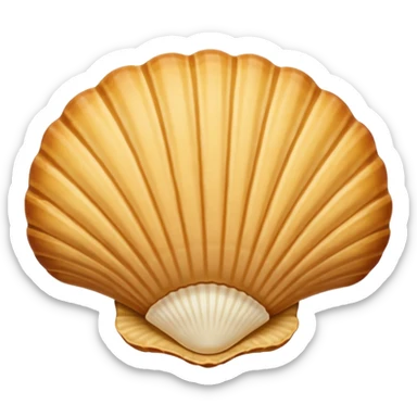 A madeleine pastry. Oval seashell shape with ONLY four to five vertical lines going in the same direction. Light golden brown. Scalloped edge. Cookie. Flat. Long. Oval shape. Lets scallops. Only four or five scalloped lines. Oblong shape. More length. Less roundness. More vertical length sticker