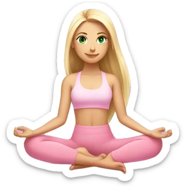 blonde long hair and green eyes yoga beautiful girl in light pink pink pink clothes sitting on a yoga mat sticker
