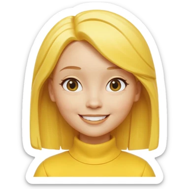 A 3D cartoon female character fully in yellow tones — skin, hair, and outfit all yellow — smiling gently, medium-length hair, cinematic Memoji-style rendering, cohesive with other yellow character sticker