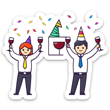 group of happy office workers celebrating with party hats, confetti and wine glasses sticker