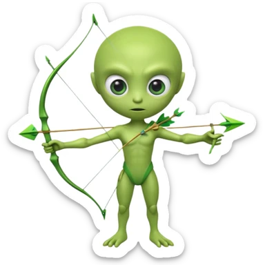3D emoji-style green alien holding a bow and arrow, glossy texture, smooth skin, large expressive eyes, small humanoid body, minimalist background, soft lighting, Pixar-style rendering, high detail, cute but slightly serious expression, clean centered composition. sticker