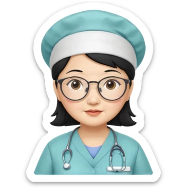 OLD ASIAN WOMAN WITH GLASSES, NURSE SCRUBS, CAP, BLACK HAIR, CHUBBY sticker