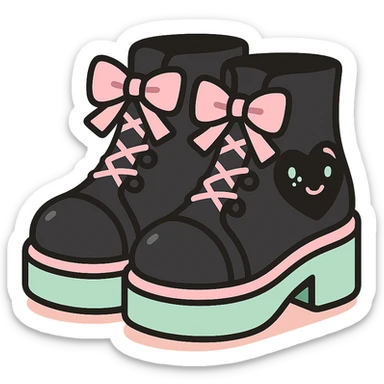 BLACKPINK-inspired gothic shoes, no hearts, black and pink, cute and stylish, kawaii style, lace-up ankle boots with ribbons, pastel green accents sticker