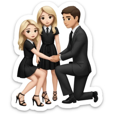  Sabrina carpenter kneeling down wearing a black dress with a tie with black heel sandals, putting her hand on man’s leg who is standing  sticker