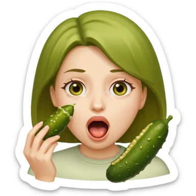 A girl opening her mouth insanely wide with a pickle going down her throat  sticker
