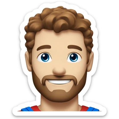 White superman, redish hair, blue eyes, redish brownish, scruffy beard, happy smile, flying sticker