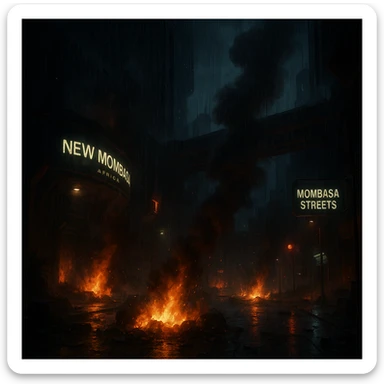 Night time streets of New Mombasa from ODST. "Mombasa Streets"  dying battle flames and smoke rise amongst pouring rain sticker
