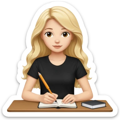 A beautiful blonde with long wavy hair in a black T-shirt sits and writes in a diary with a brown pen. sticker