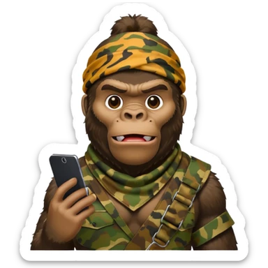 King Kong with a cell phone emojie wearing a camouflage bandana sticker
